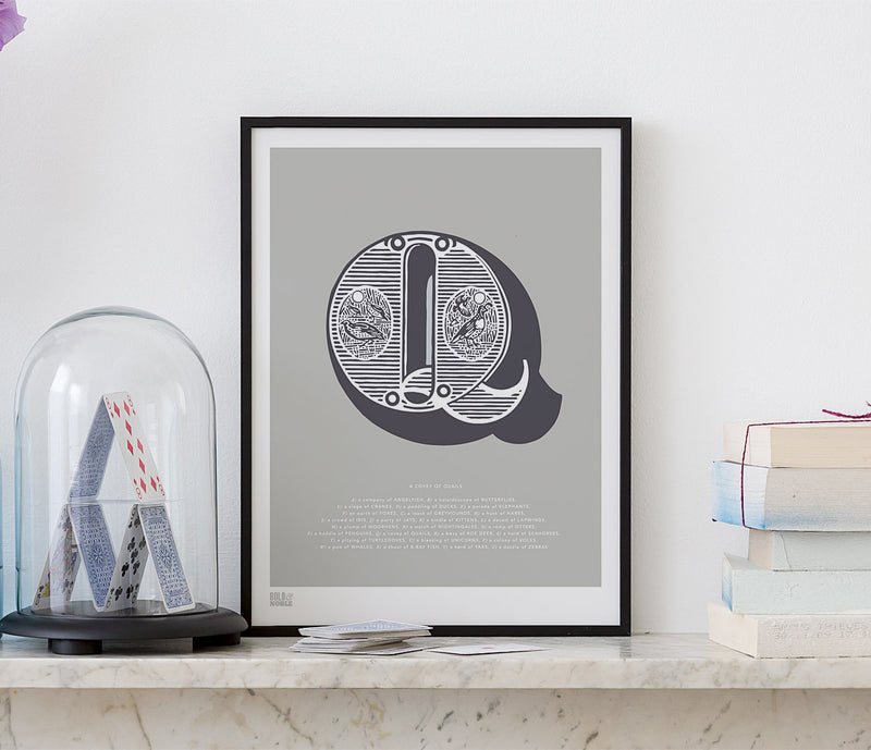 Pictures and Wall Art, Screen Printed Illustrated Letter Q design in putty grey