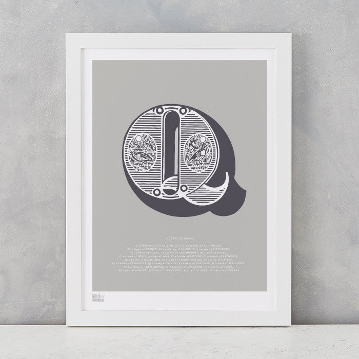 Illustrated Letter Q in putty grey, screen printed on recycled card, deliver worldwide