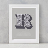Illustrated Letter R in putty grey, screen printed on recycled card, deliver worldwide