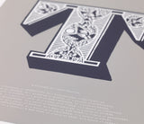 Close up of Illustrated Letter T in putty grey