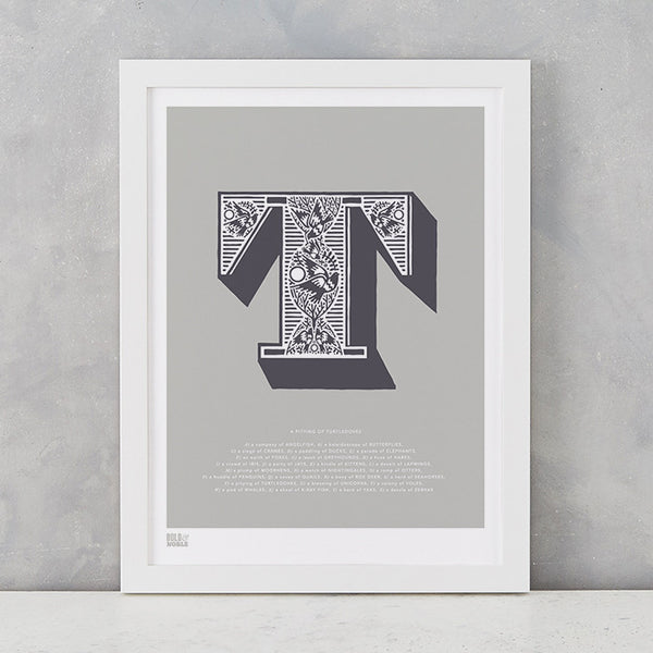 Illustrated Letter T in putty grey, screen printed on recycled card, deliver worldwide