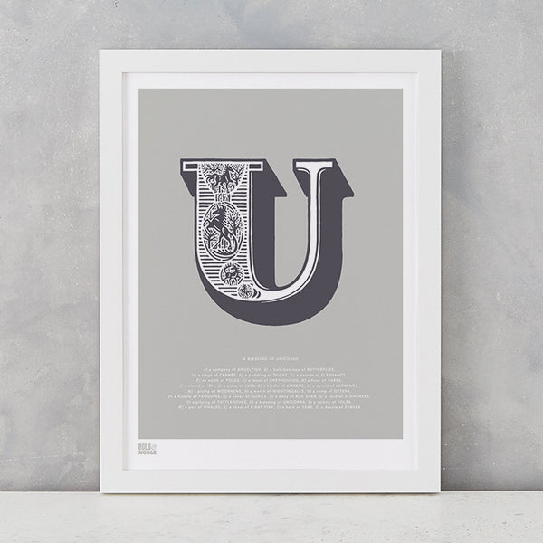 Illustrated Letter U in putty grey, screen printed on recycled card, deliver worldwide