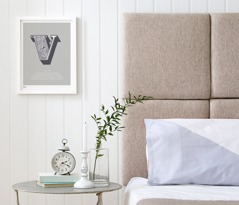 Pictures and Wall Art, Screen Printed Illustrated Letter V design in putty grey