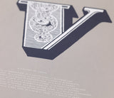 Close up of Illustrated Letter V in putty grey