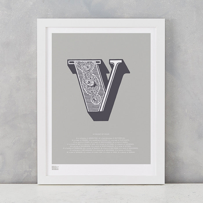 Illustrated Letter V in putty grey, screen printed on recycled card, deliver worldwide