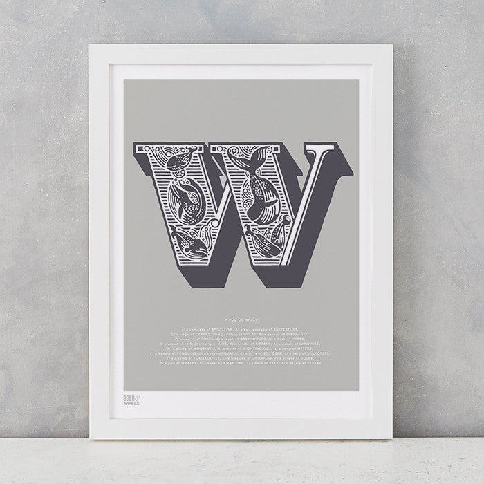 Illustrated Letter W in putty grey, screen printed on recycled card, deliver worldwide