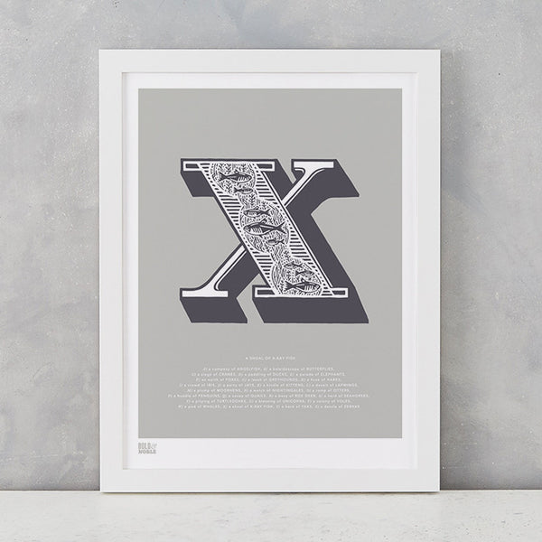 Illustrated Letter X in putty grey, screen printed on recycled card, deliver worldwide