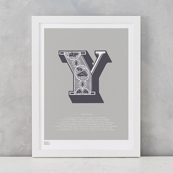 Illustrated Letter Y in putty grey, screen printed on recycled card, deliver worldwide