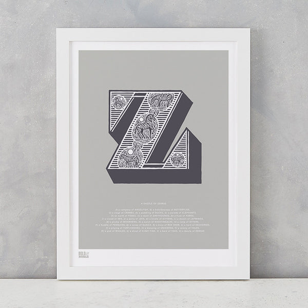 Illustrated Letter Z in putty grey, screen printed on recycled card, deliver worldwide