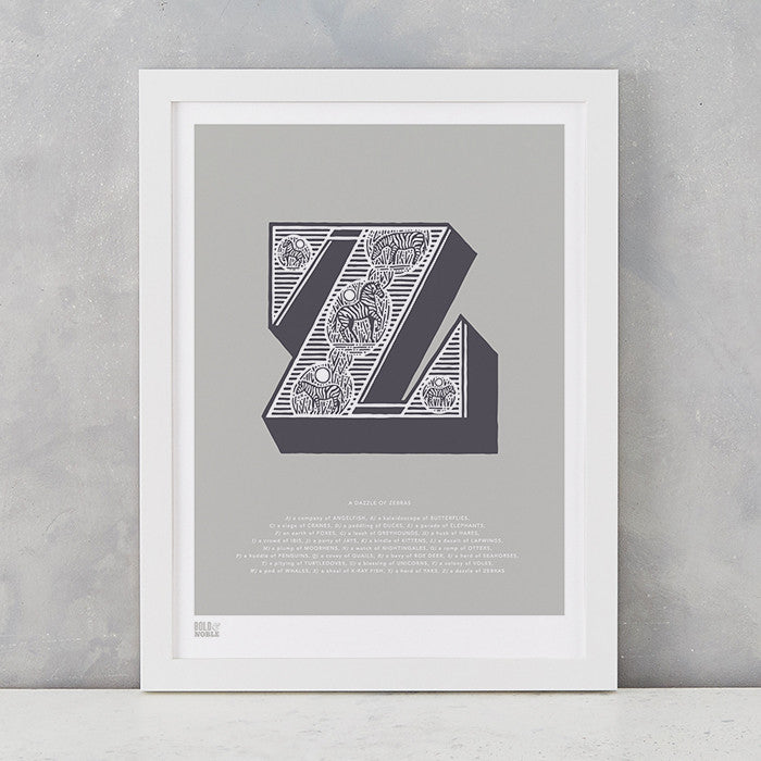 Illustrated Letter Z in putty grey, screen printed on recycled card, deliver worldwide