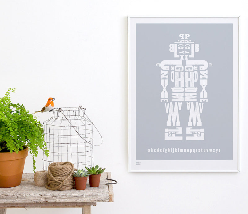 Wall art ideas, economical screen prints, illustrated robot poster in silver