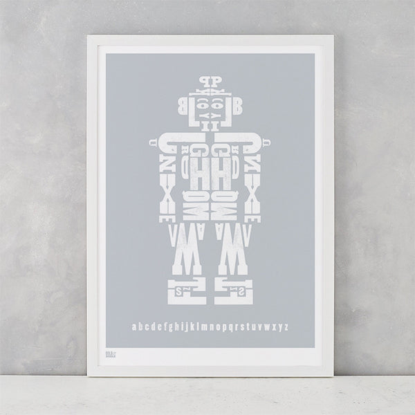 Illustrated Robot Screen Print in silver, delivered worldwide