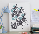 'The Cyclists' Illustrated Art Print in Coastal Blue