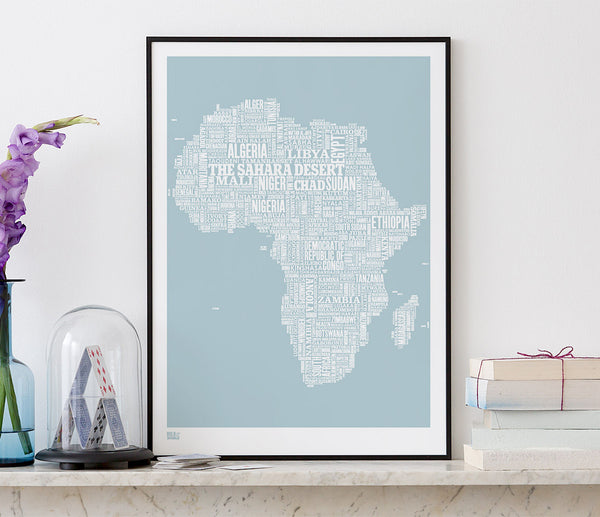 Wordle Africa Map Wall Art Print, Screen Printed in duck egg blue