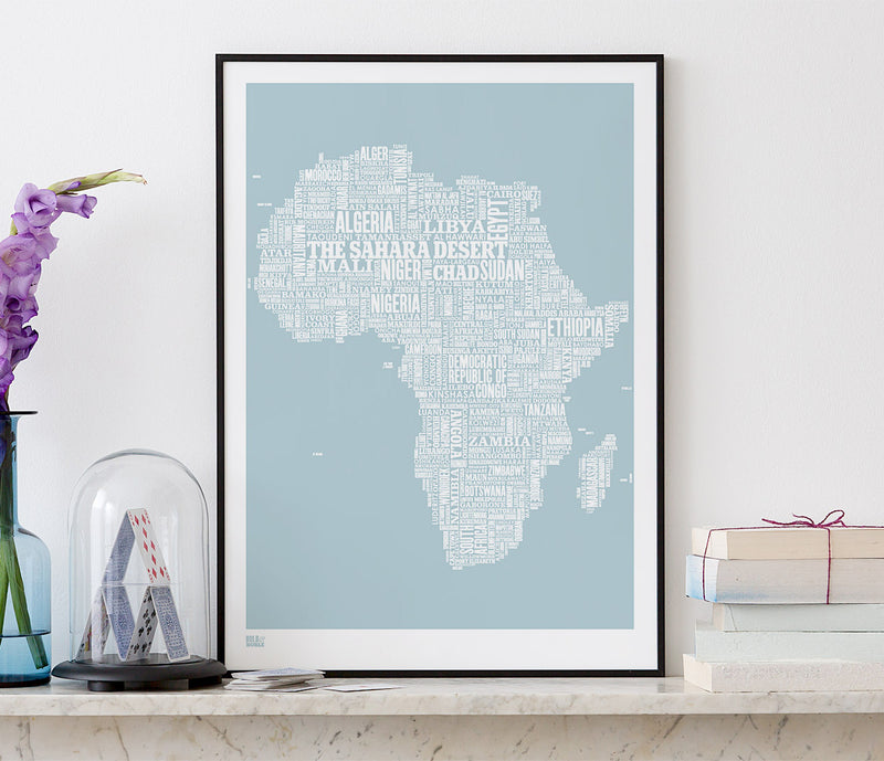 Wordle Africa Map Wall Art Print, Screen Printed in duck egg blue