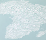 Close up of Africa Type Map screen print in duck egg blue