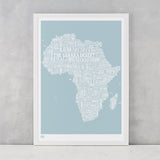 Africa Type Map in duck egg blue, screen printed on recycled card, delivered worldwide