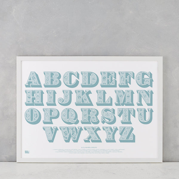 Illustrated Alphabet Screen Print in coastal blue, delivered worldwide