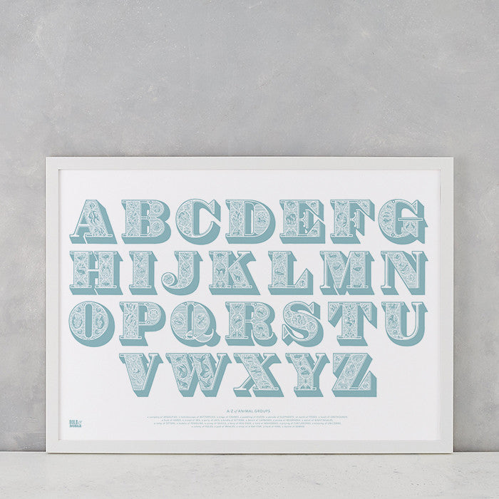 Illustrated Alphabet Screen Print in coastal blue, delivered worldwide