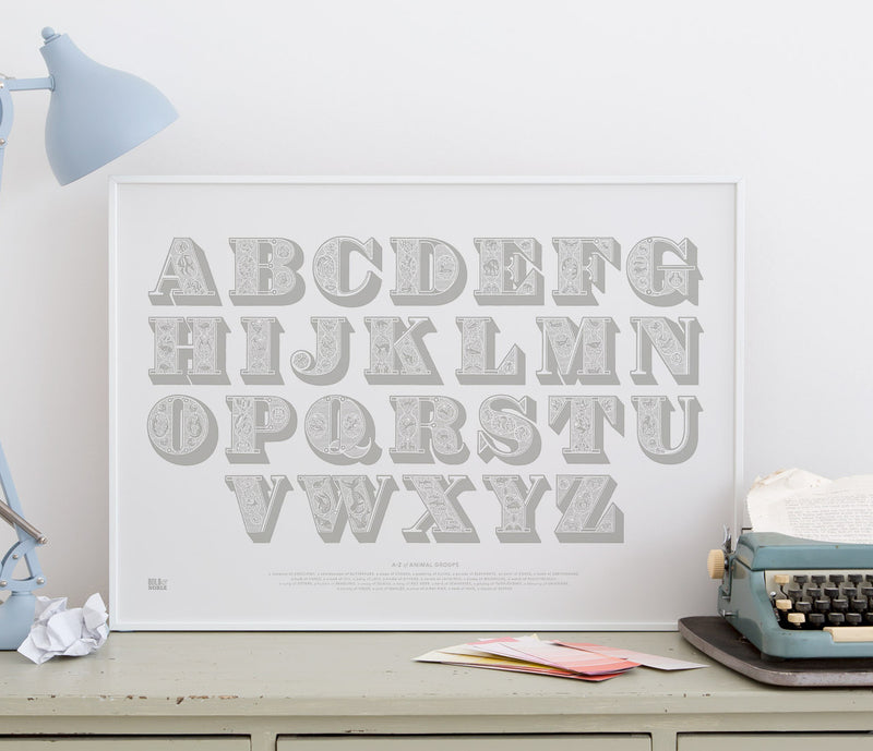 Wall art ideas, economical screen prints, illustrated A-Z putty grey