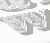 Close up of illustrated A-Z screen print wall art in putty grey