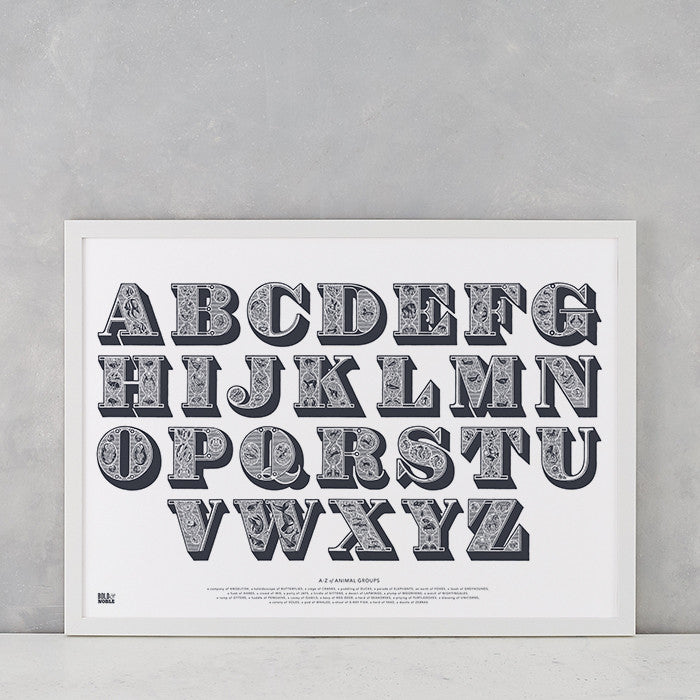 Illustrated Alphabet Screen Print in sheer slate, delivered worldwide