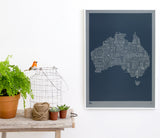 Wall art ideas, economical screen prints, Australia type map limited edition in grey