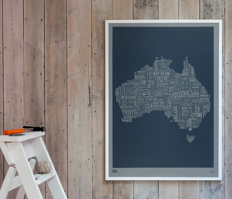 Wordle Australia Map Wall Art Print, Screen Printed limited edition artwork