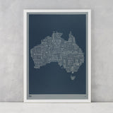 Australia Type Map screen print in slate grey on grey card, limited edition print, delivered worldwide