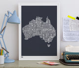 Wall art ideas, economical screen prints, Australia type map in sheer slate
