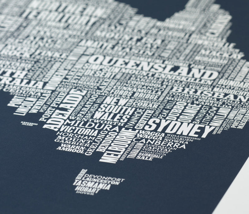 Close up of Australia Type Map screen print in sheer slate
