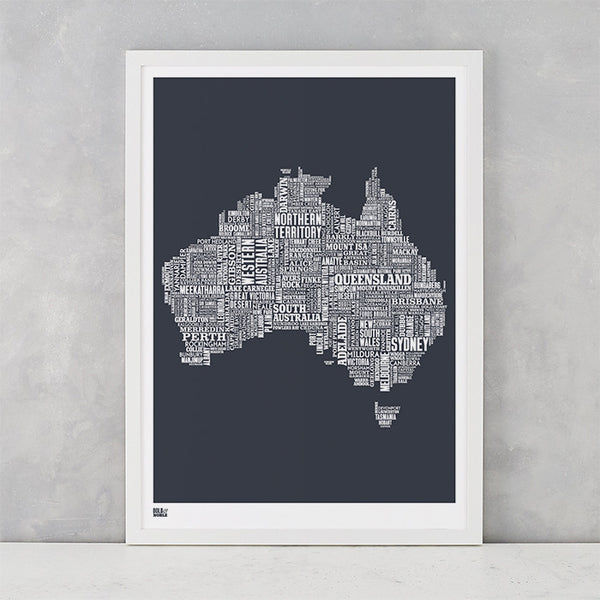 Australia Type Map in sheer slate, screen printed on recycled card, delivered worldwide