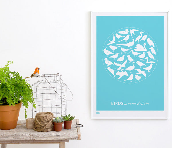 Pictures and wall art, screen printed Birds Around Britain poster in azure blue