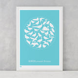 Birds around Britain in azure blue, screen printed in the UK delivered worldwide