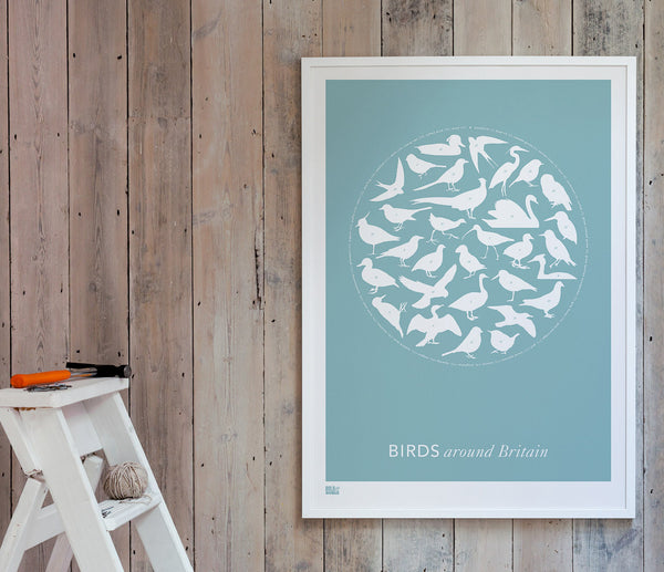 Wall art ideas, economical screen prints, Birds Around Britain in coastal blue