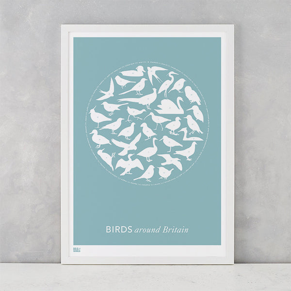 Birds around Britain in coastal blue, screen printed in the UK delivered worldwide