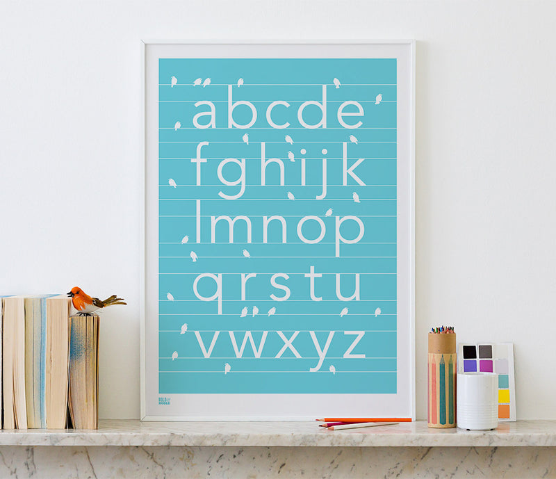 Kids pictures and wall art, screen printed A-Z in azure blue