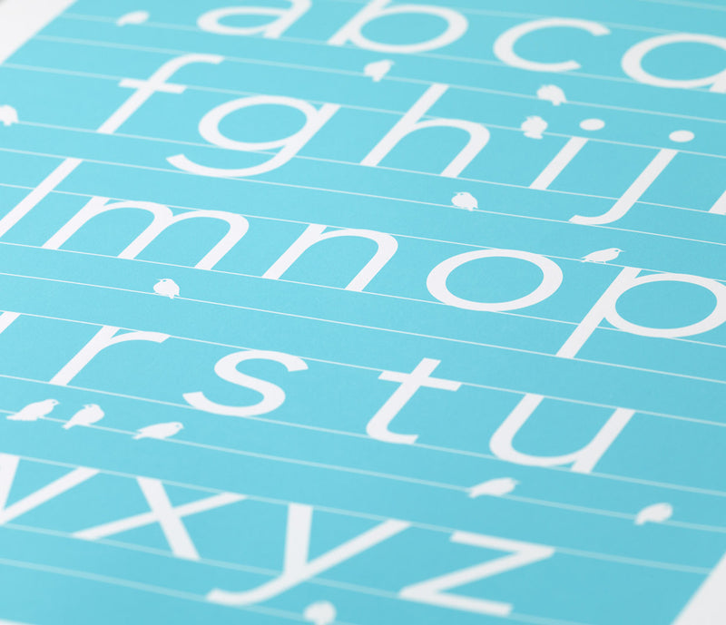 Close up of A-Z alphabet screen print in azure blue, economical kids wall art ideas
