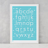 A-Z kids alphabet artwork with birds, screen printed in the UK delivered worldwide