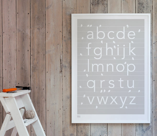 Kids pictures and wall art, screen printed A-Z in putty grey