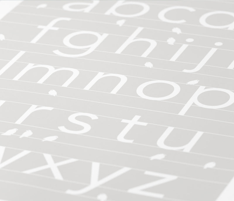 Close up of A-Z alphabet screen print in putty grey, economical kids wall art ideas