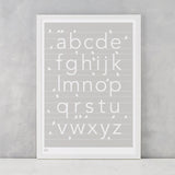 A-Z kids alphabet artwork with birds, screen printed in the UK delivered worldwide