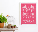 Pictures and wall art, screen printed A-Z poster in raspberry pink