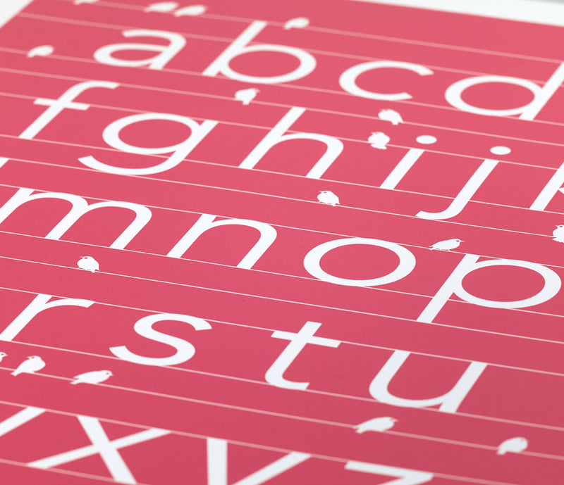 Close up of A-Z alphabet screen print in raspberry pink, economical kids wall art ideas