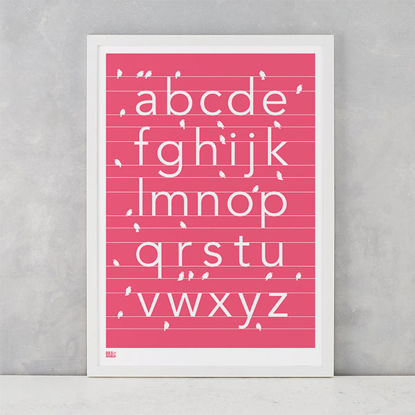 A-Z kids alphabet artwork with birds, screen printed in the UK delivered worldwide