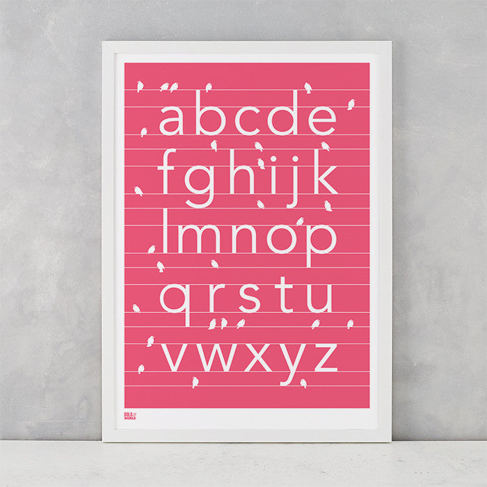 A-Z kids alphabet artwork with birds, screen printed in the UK delivered worldwide