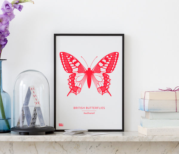 British Butterflies Art Print in Neon Pink, Modern Print Designs for the Home