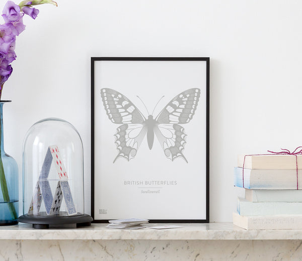 British Butterflies Art Print in Grey, Modern Print Designs for the Home