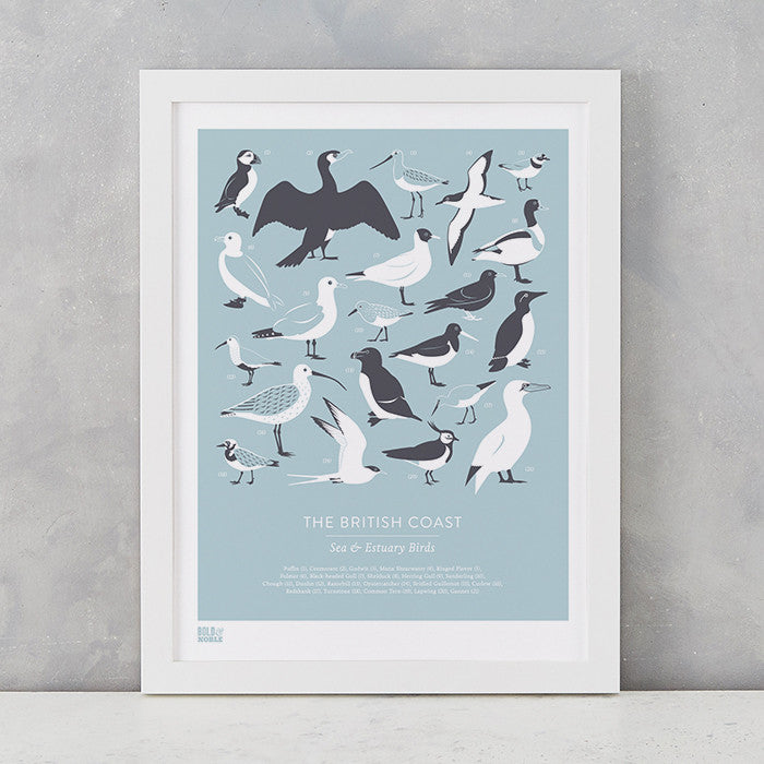 British Coast Birds screen print in duck egg blue, recycled card, delivered worldwide
