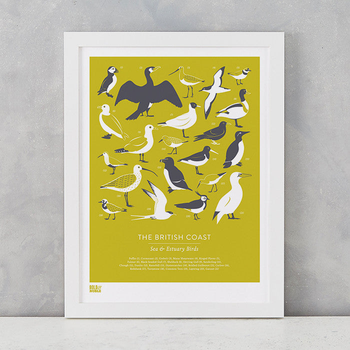 British Coast Birds screen print in yellow moss, recycled card, delivered worldwide